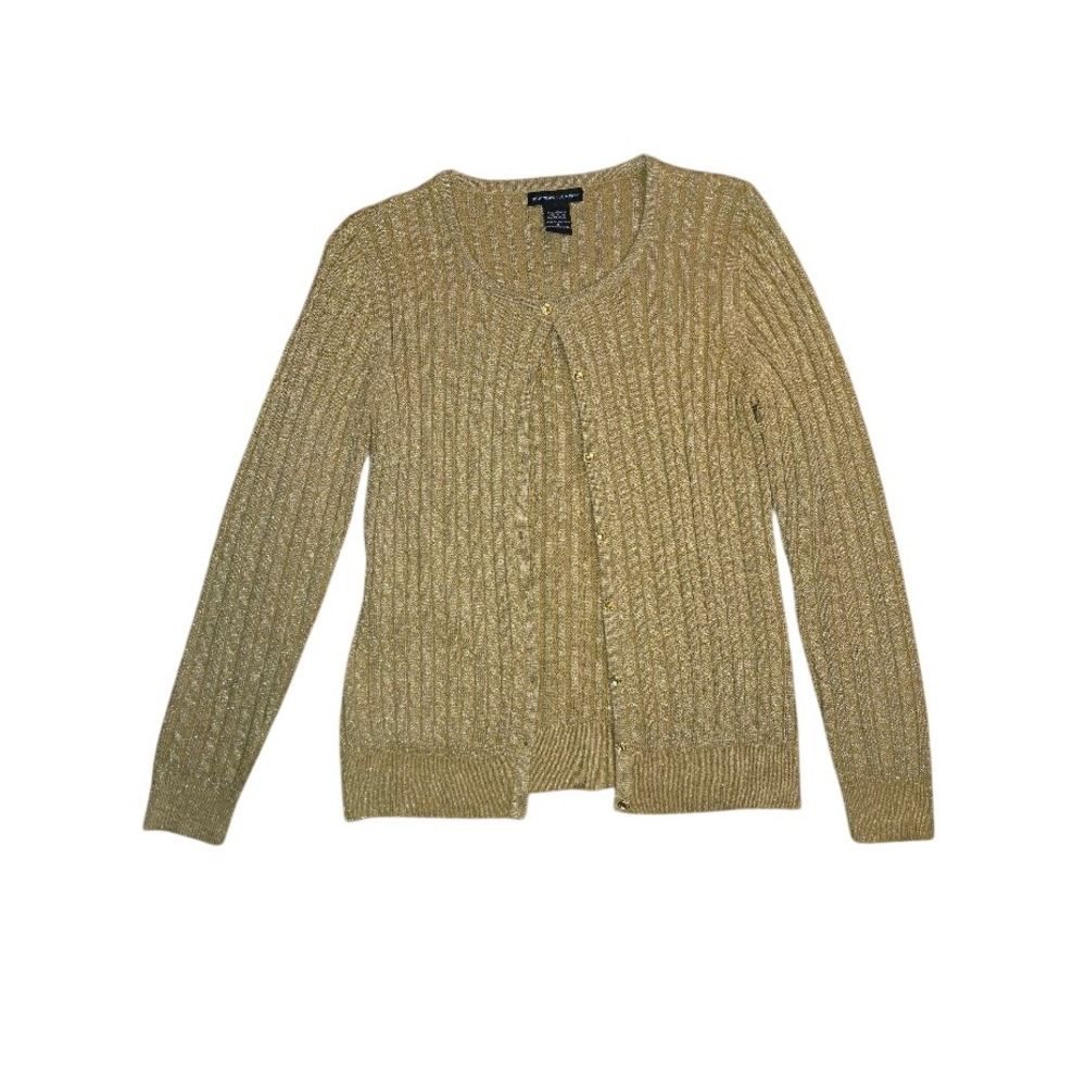 Inspiration Gold Metallic Knit Cardigan Sweater Ribbed Long Sleeve Button Up M